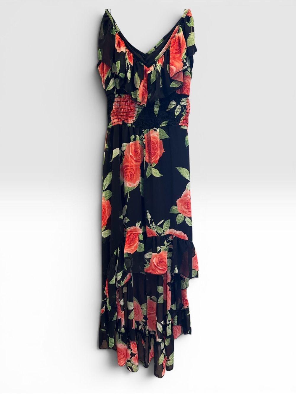Floral Ruffle High-Low Summer Dress - Black with Red Rose Print - Picture 3 of 4